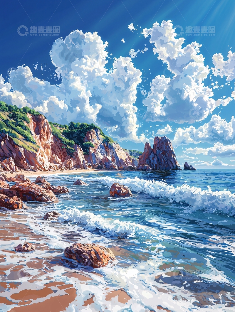 高清大图下载【趣麦麦图】海边岩石与波浪的风景画