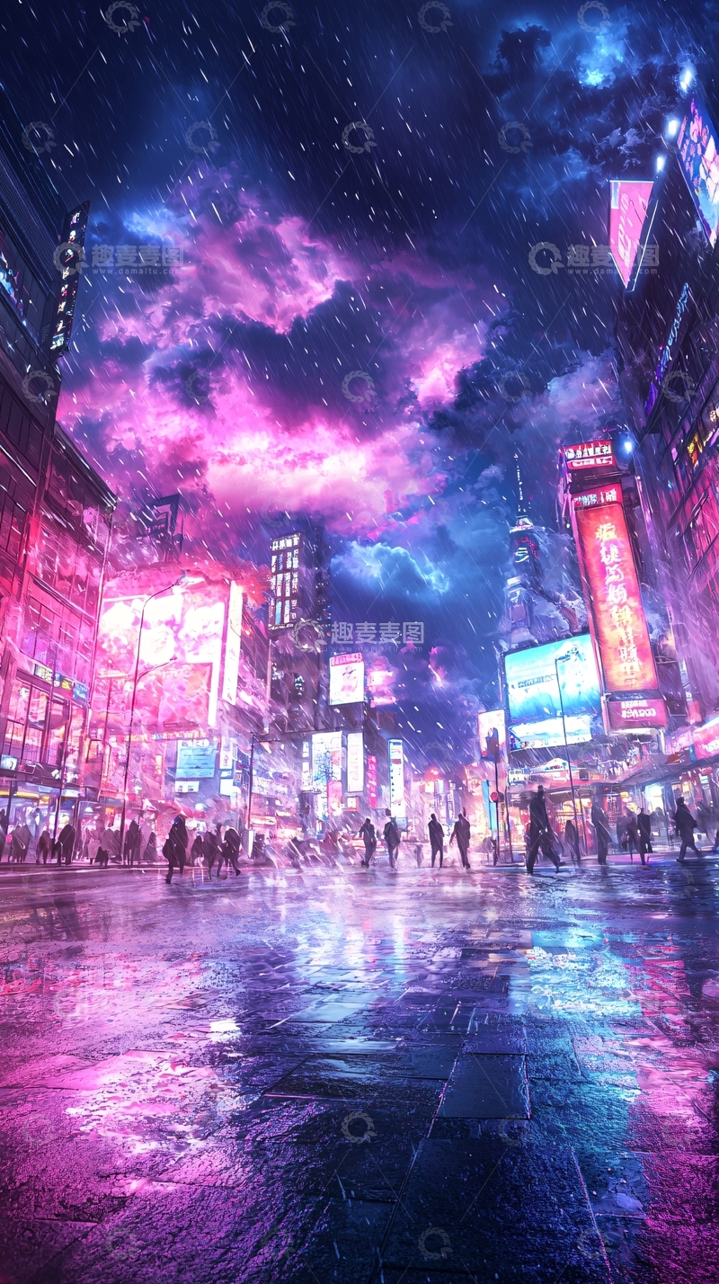 高清大图下载【趣麦麦图】霓虹雨夜城市街景