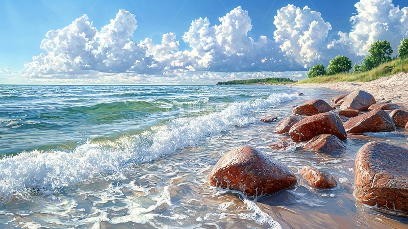 高清大图下载【趣麦麦图】海滩上的岩石与海浪