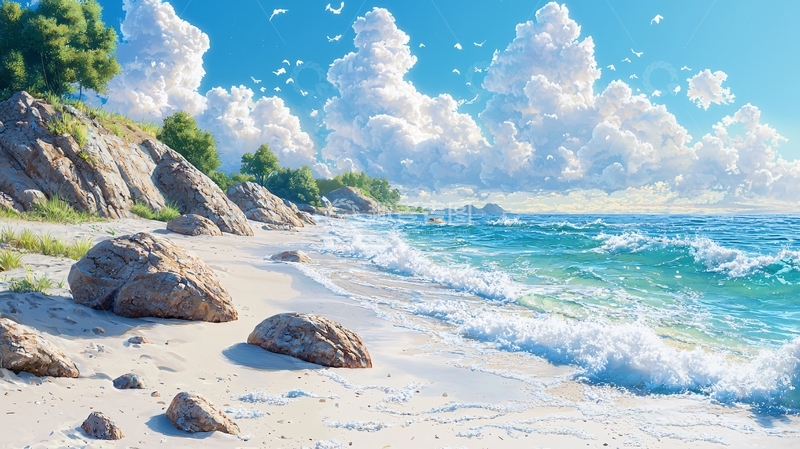 高清大图下载【趣麦麦图】海滩上的岩石与海浪