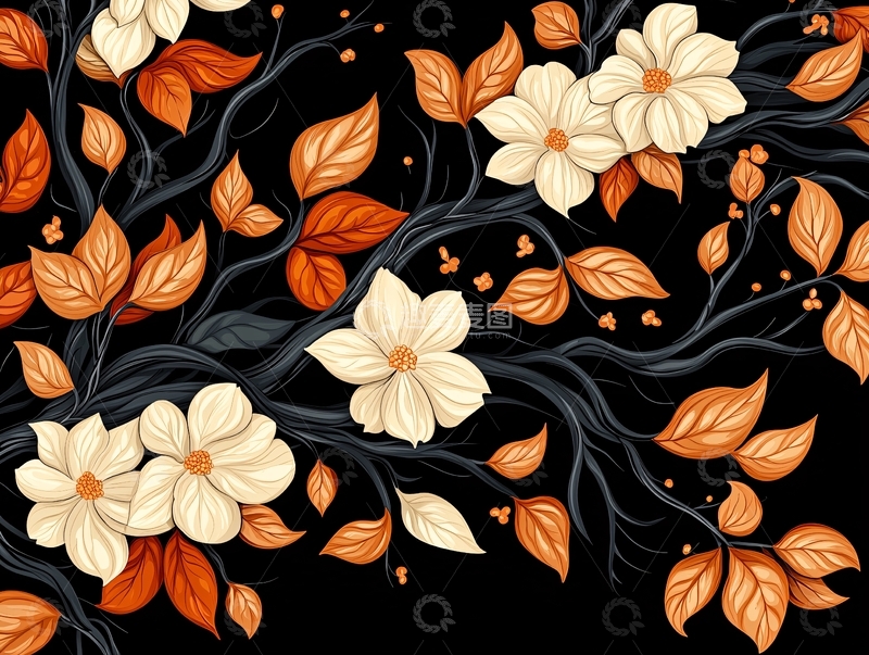 高清大图下载【趣麦麦图】秋日花卉树枝背景图案