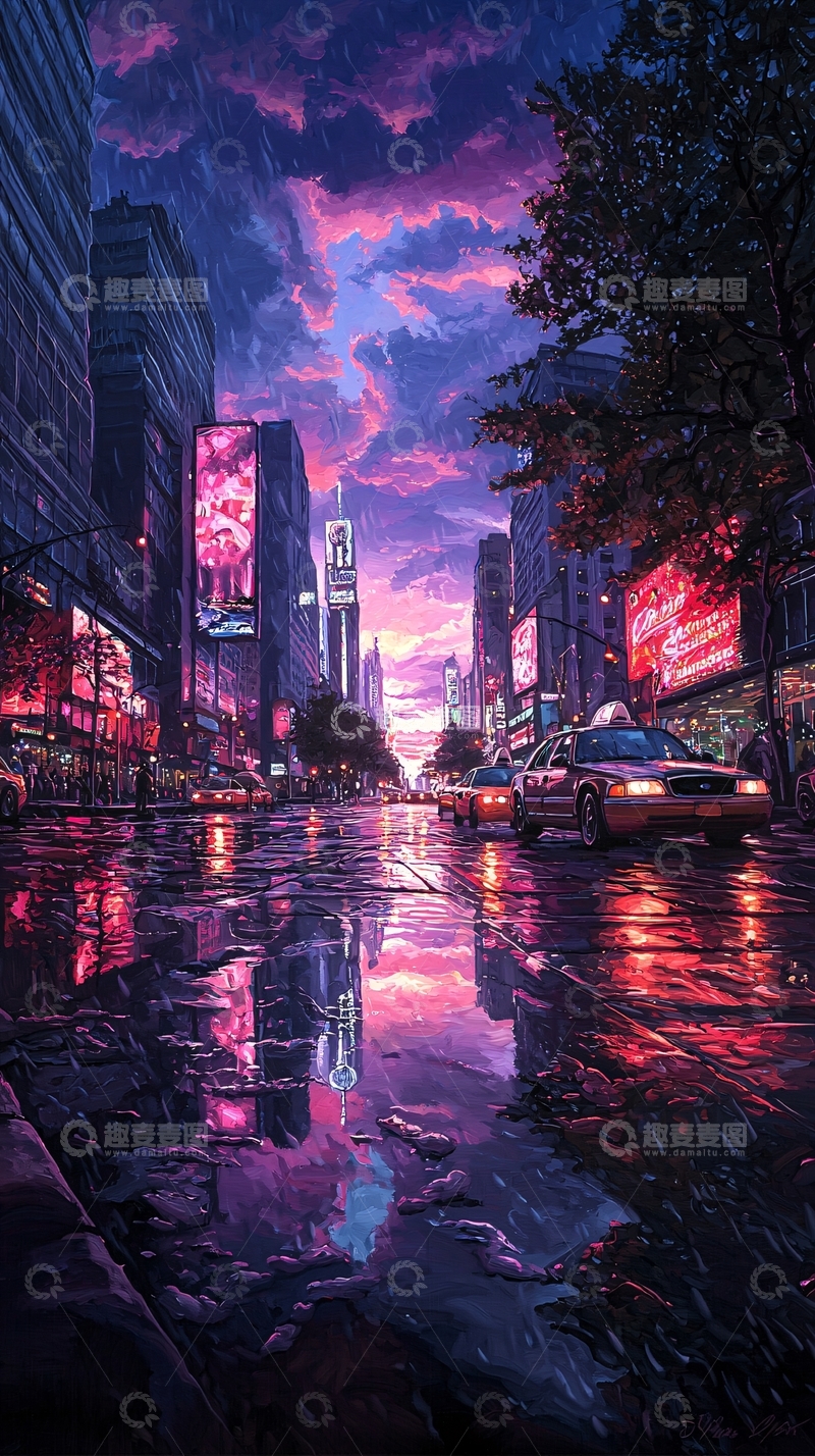 高清大图下载【趣麦麦图】霓虹雨夜城市街景