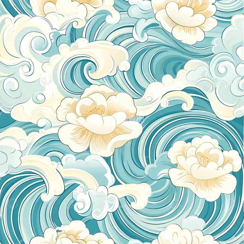 高清大图下载【趣麦麦图】波浪与花朵的抽象艺术图案