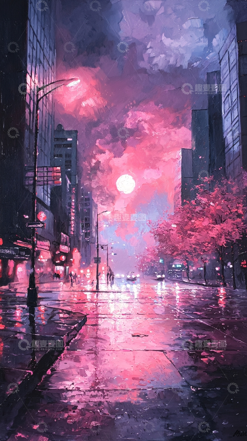 高清大图下载【趣麦麦图】雨夜霓虹城市街景