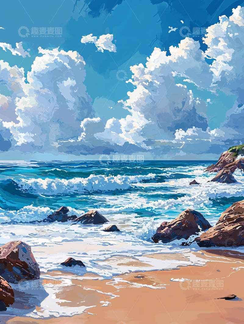 高清大图下载【趣麦麦图】海滩上的岩石与海浪