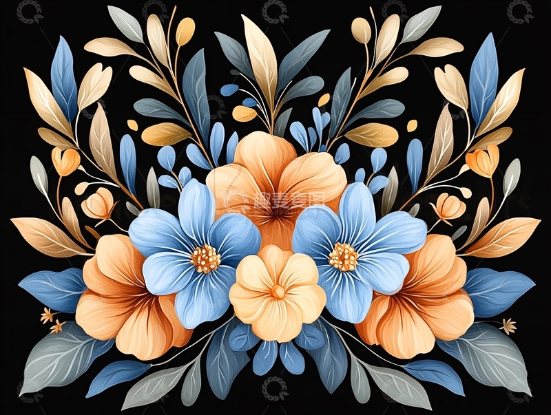 高清大图下载【趣麦麦图】橙蓝渐变花卉插画素材