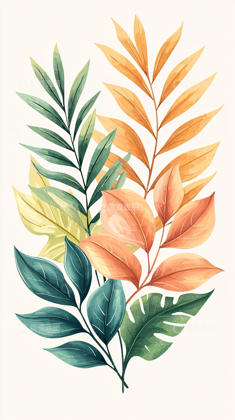 高清大图下载【趣麦麦图】秋日色彩斑斓植物叶子插画