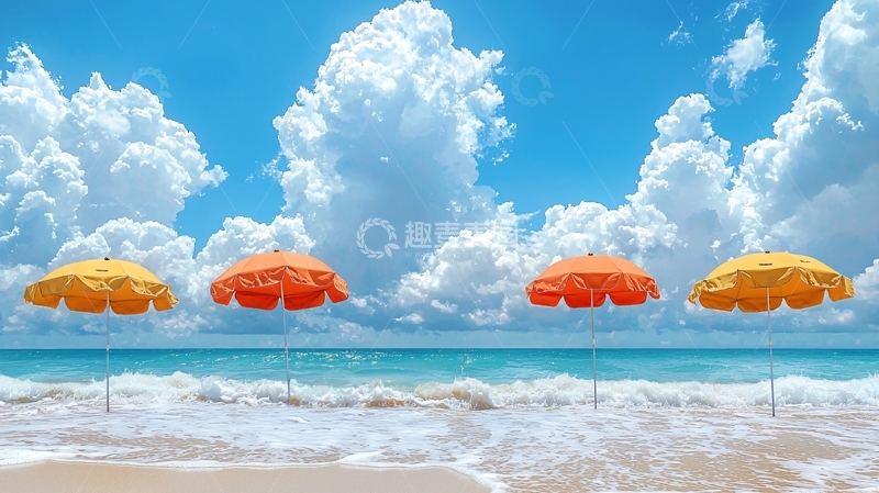 高清大图下载【趣麦麦图】海滩上的彩色遮阳伞