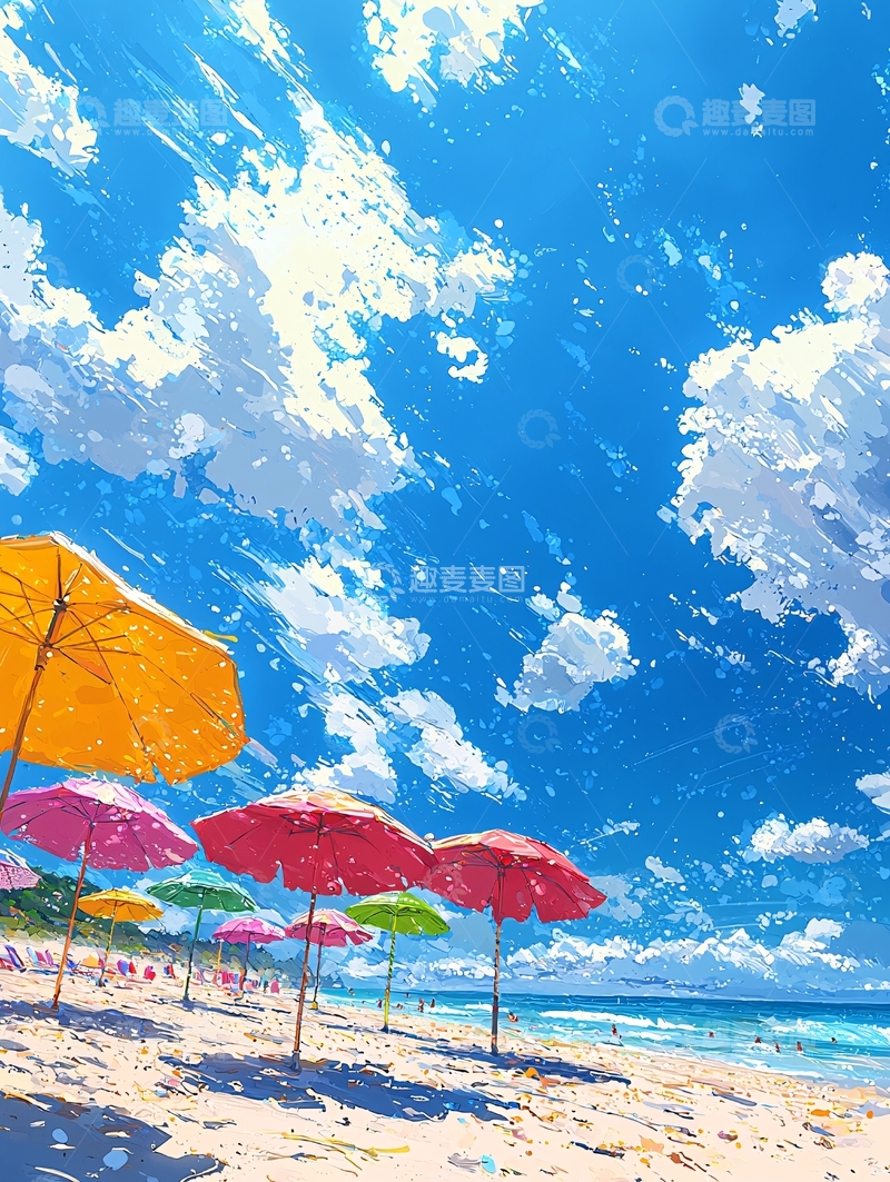 高清大图下载【趣麦麦图】夏日海滩遮阳伞风景图