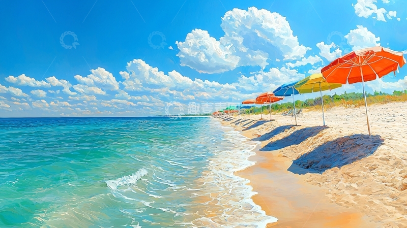 高清大图下载【趣麦麦图】海滩上的彩色遮阳伞