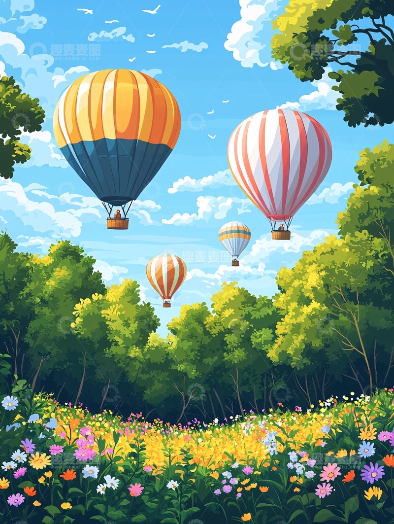 高清大图下载【趣麦麦图】热气球与花海的梦幻之旅