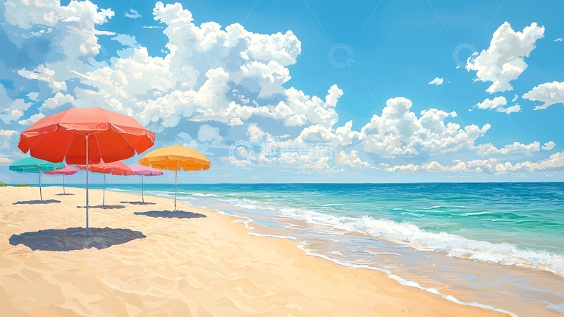 高清大图下载【趣麦麦图】夏日海滩遮阳伞风景