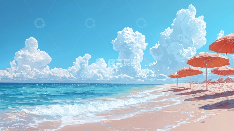 高清大图下载【趣麦麦图】夏日海滩风景插画