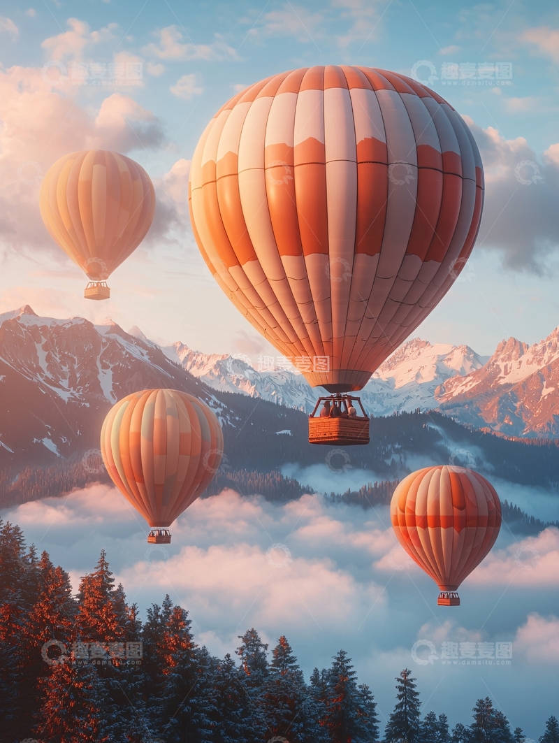 高清大图下载【趣麦麦图】热气球与雪山云海