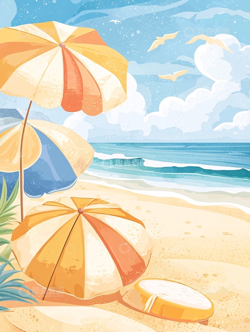 高清大图下载【趣麦麦图】海滩遮阳伞和沙滩椅插画