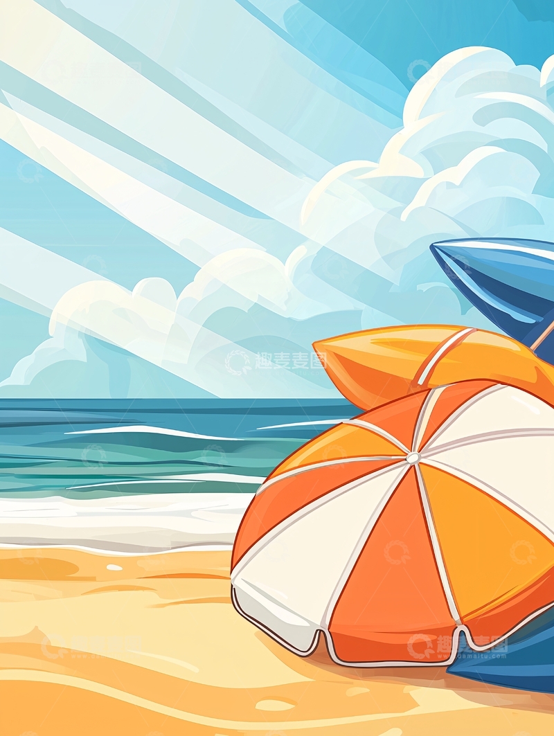 高清大图下载【趣麦麦图】海滩上的橙色遮阳伞
