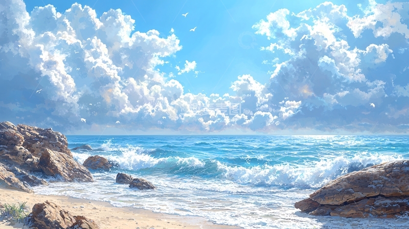 高清大图下载【趣麦麦图】海滩岩石海浪蓝天白云