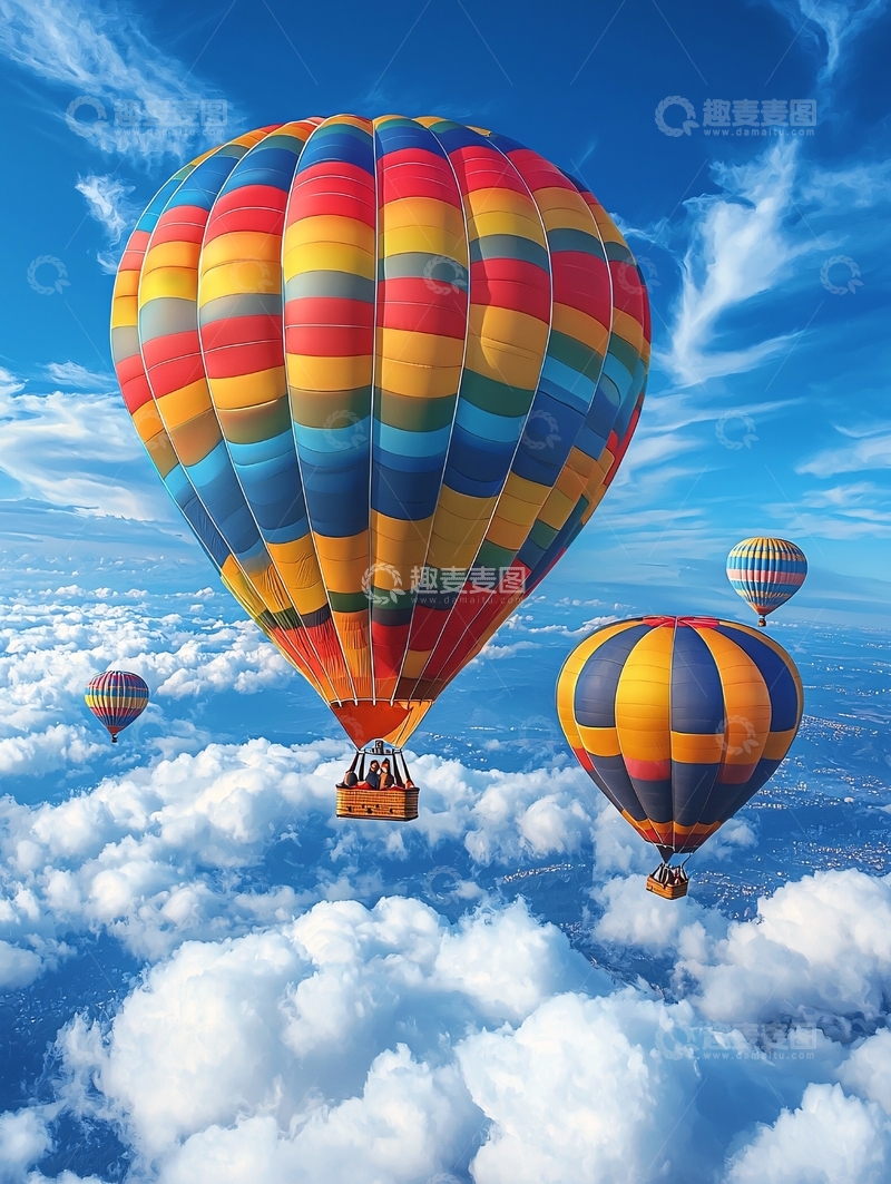 高清大图下载【趣麦麦图】热气球飞行在蓝天白云间