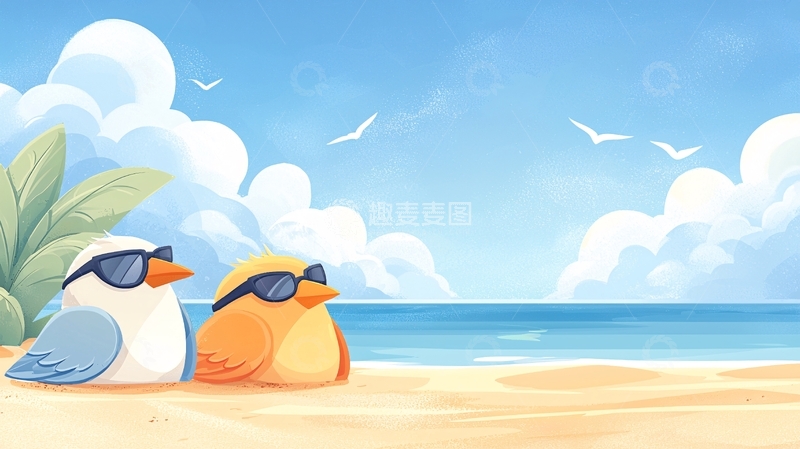高清大图下载【趣麦麦图】海滩上的鸟儿戴着墨镜