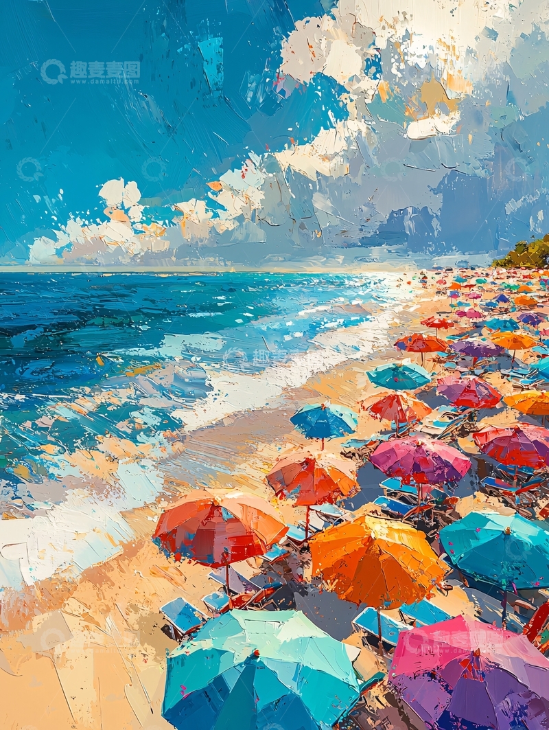 高清大图下载【趣麦麦图】海滩上的彩色遮阳伞