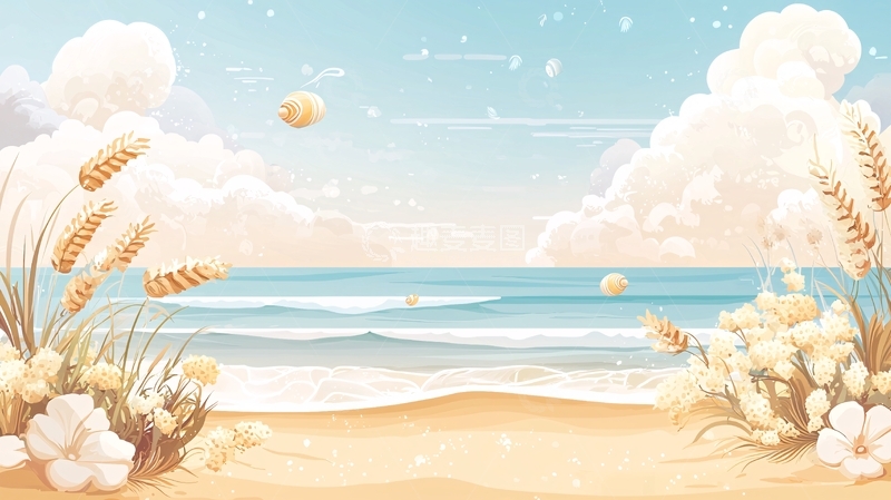 高清大图下载【趣麦麦图】夏日海滩风景插画