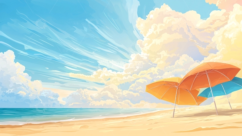 高清大图下载【趣麦麦图】-海滩遮阳伞风景插画