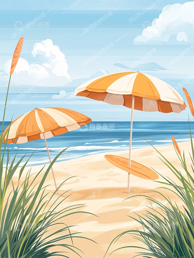 高清大图下载【趣麦麦图】海滩遮阳伞沙滩度假背景
