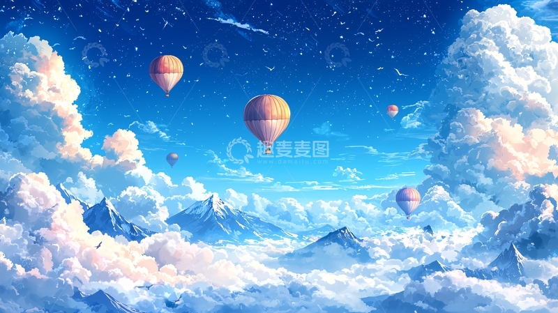 高清大图下载【趣麦麦图】热气球与雪山云海
