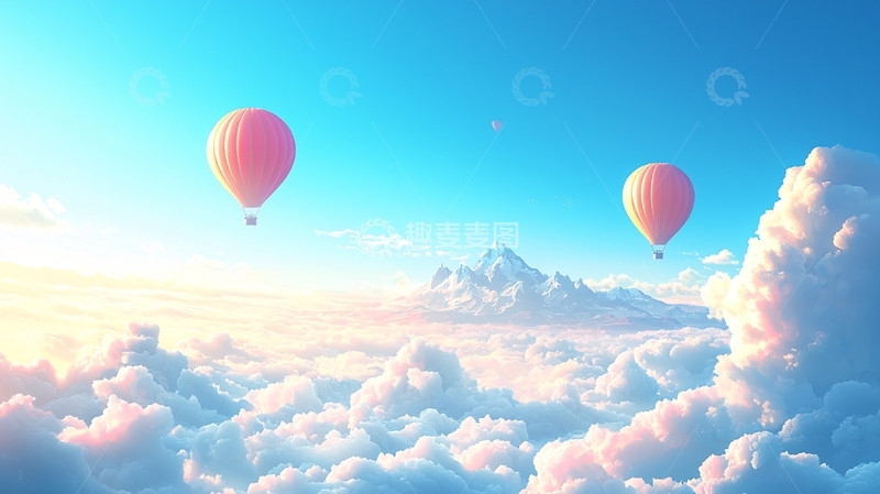 高清大图下载【趣麦麦图】粉色热气球与雪山云海