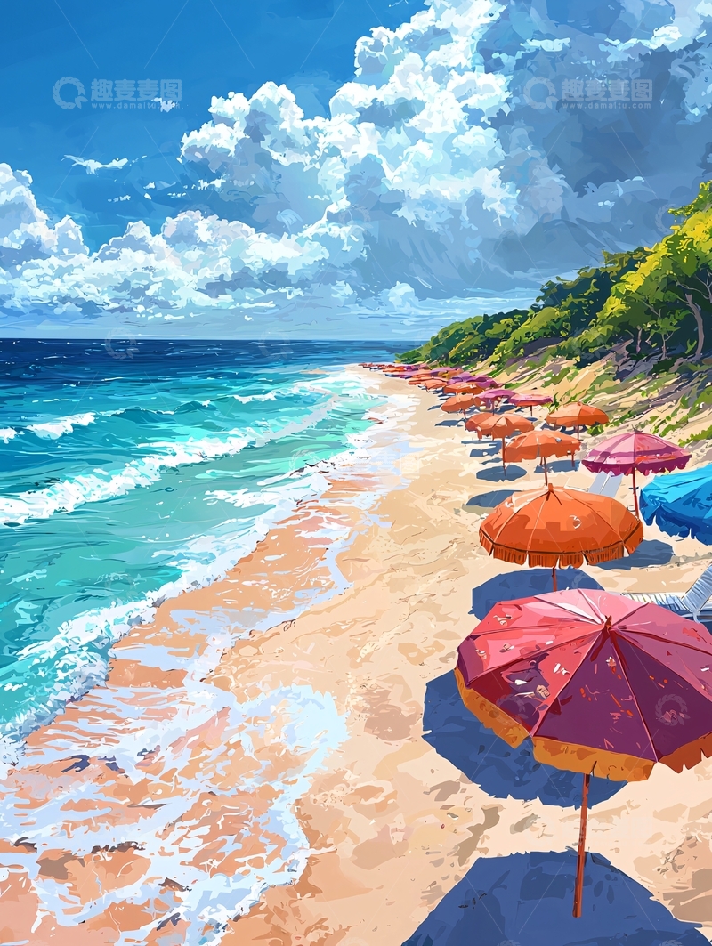 高清大图下载【趣麦麦图】海滩上的彩色遮阳伞