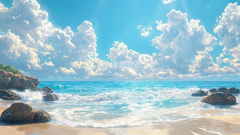 高清大图下载【趣麦麦图】海滩上的蓝天白云和海浪