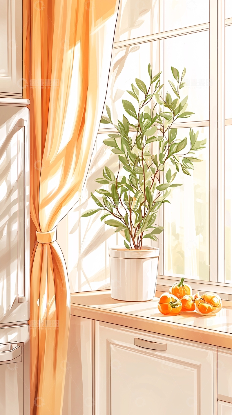 高清大图下载【趣麦麦图】温暖阳光下的室内植物与南瓜