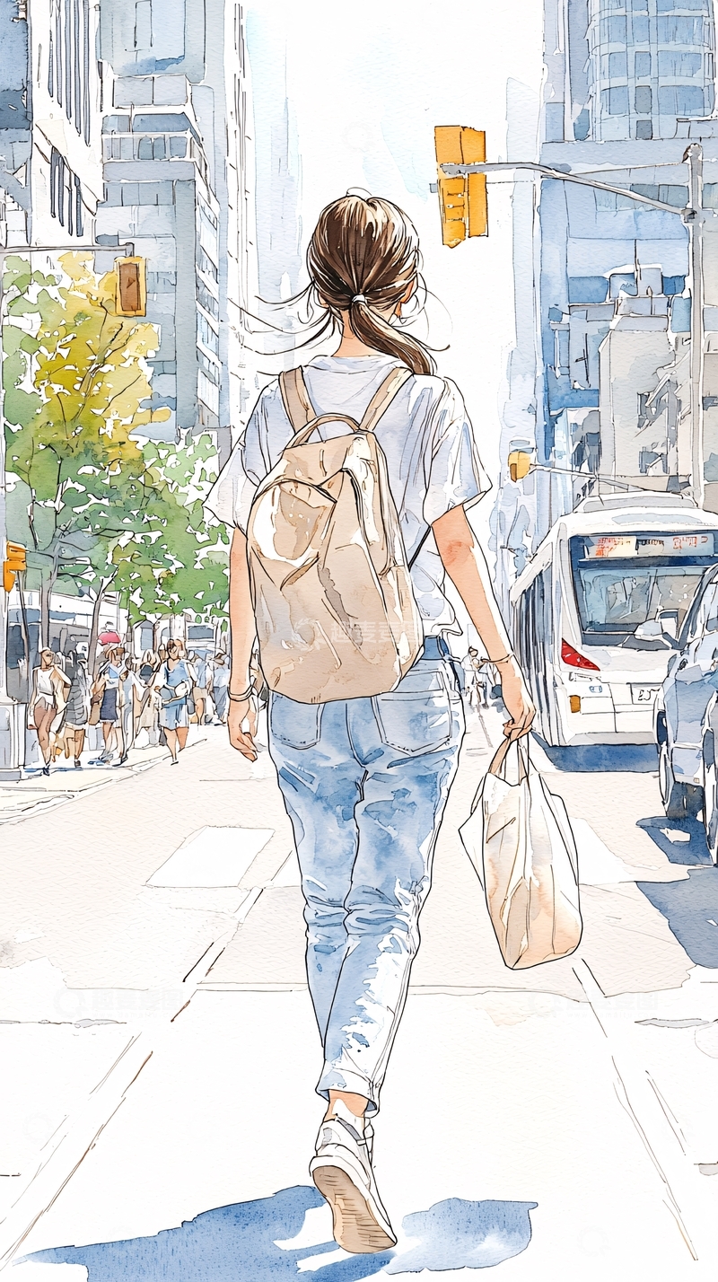 高清大图下载【趣麦麦图】城市街头行走的年轻女孩