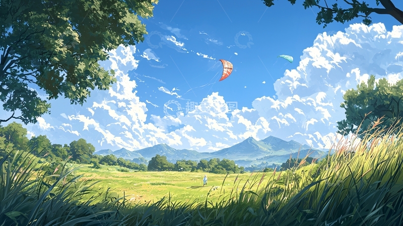 高清大图下载【趣麦麦图】蓝天白云下的风筝放飞场景