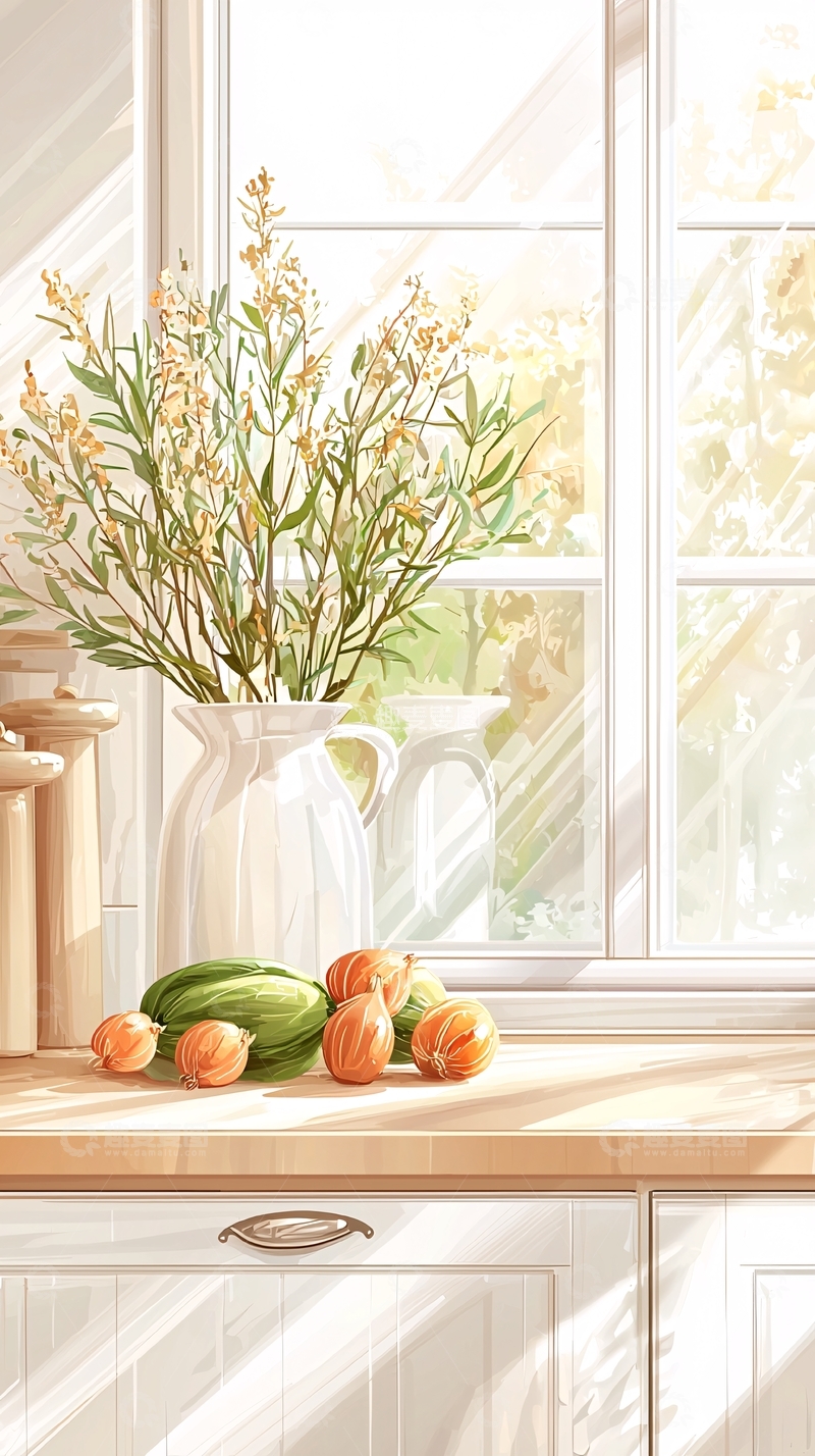 高清大图下载【趣麦麦图】秋日窗台上的花瓶与蔬菜
