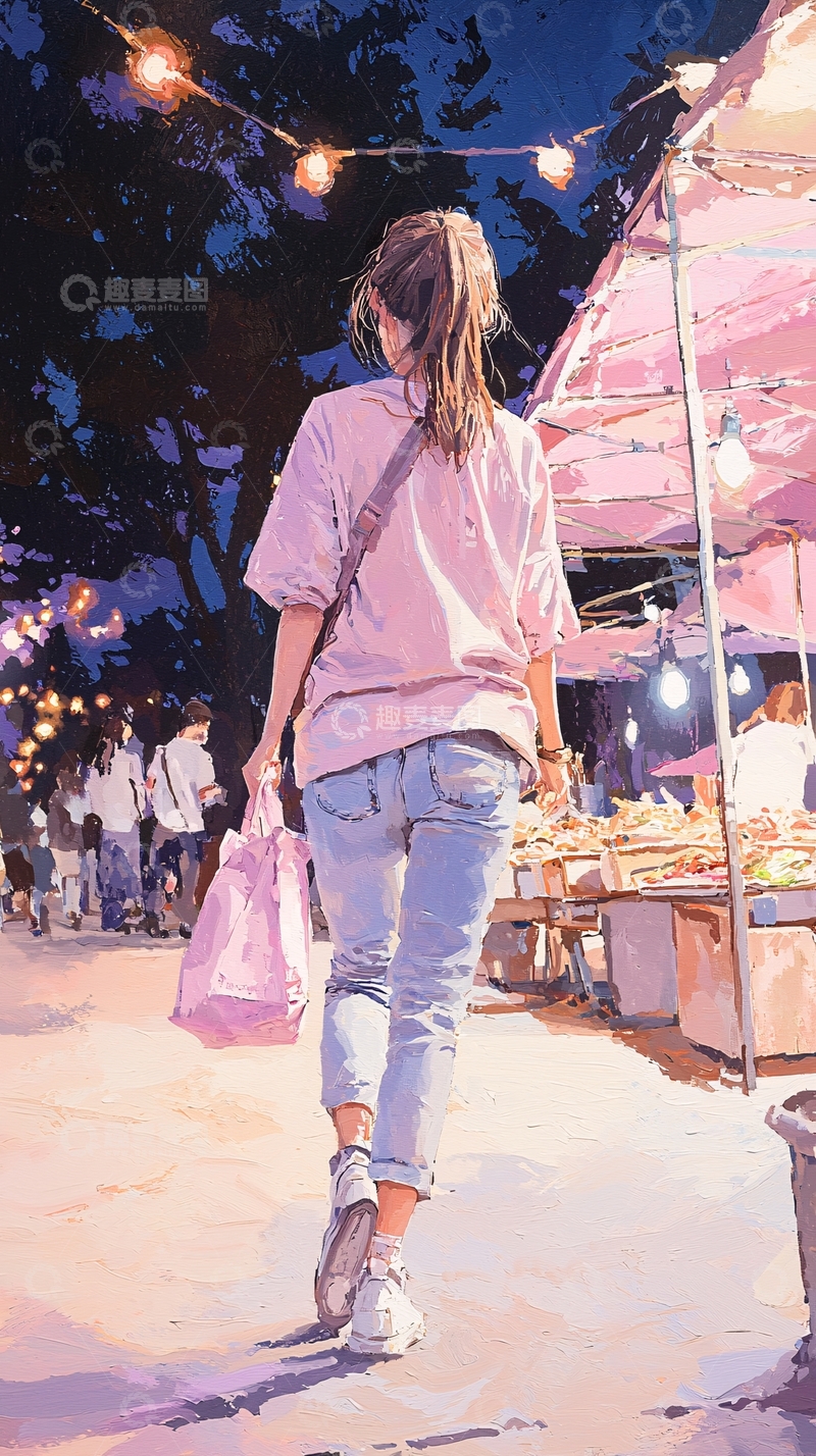 高清大图下载【趣麦麦图】夜市漫步高清图片