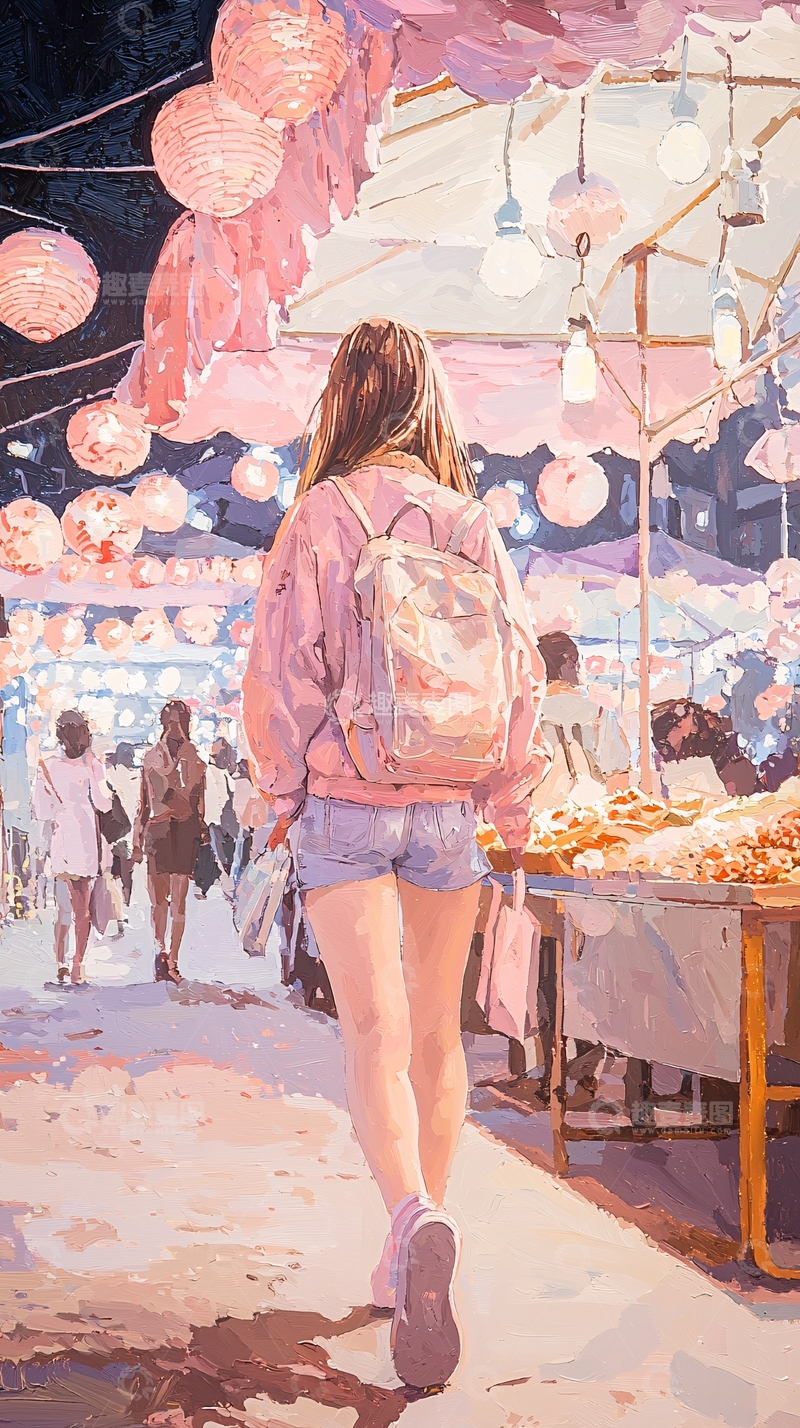 高清大图下载【趣麦麦图】夜市漫步少女背影