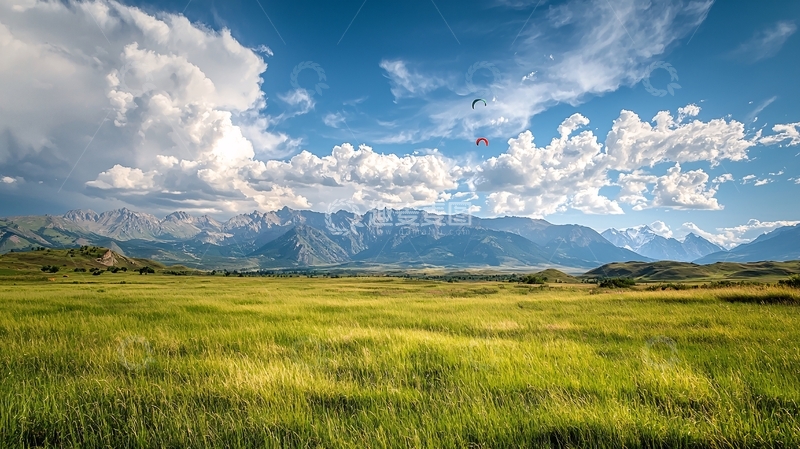 高清大图下载【趣麦麦图】草原山景风筝飞翔