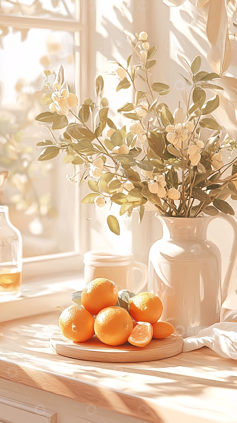 高清大图下载【趣麦麦图】阳光下的橘子与花瓶