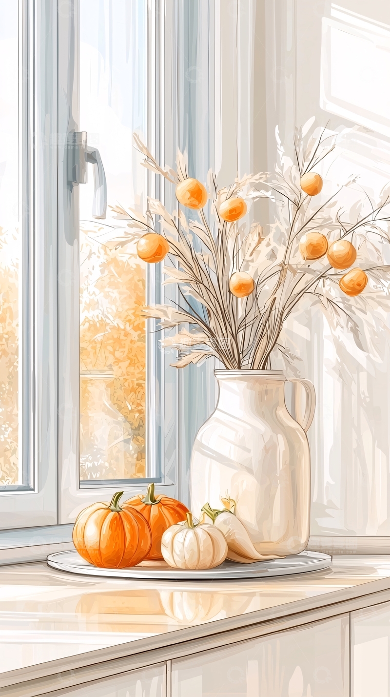 高清大图下载【趣麦麦图】秋日窗台上的南瓜与花瓶
