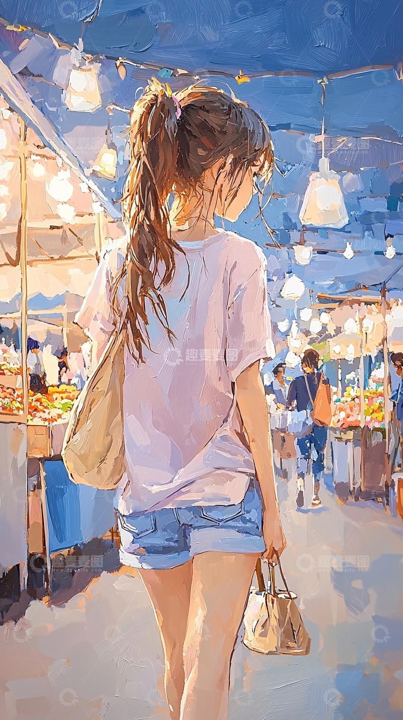 高清大图下载【趣麦麦图】夏日市场漫步女孩