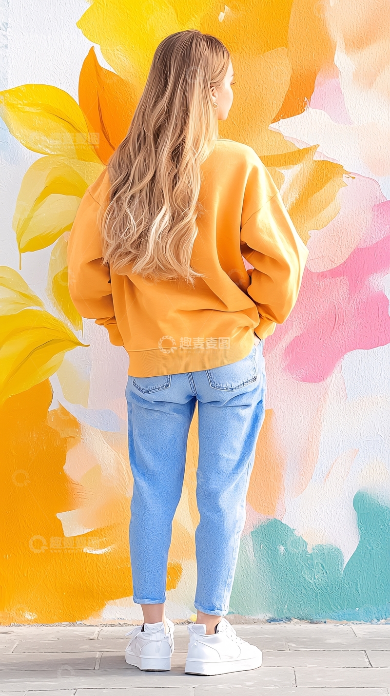 高清大图下载【趣麦麦图】黄色卫衣搭配蓝色牛仔裤的时尚穿搭