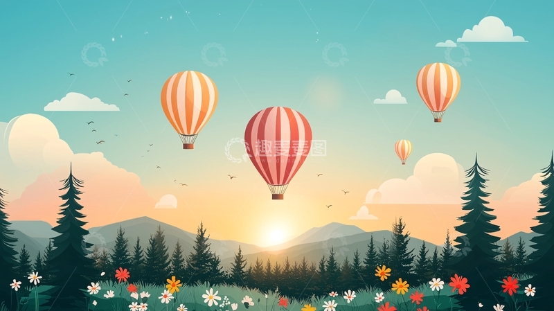 高清大图下载【趣麦麦图】热气球与山野花海