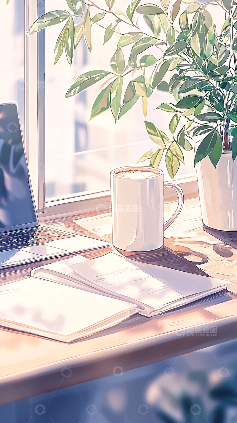高清大图下载【趣麦麦图】阳光窗台上的咖啡与笔记本