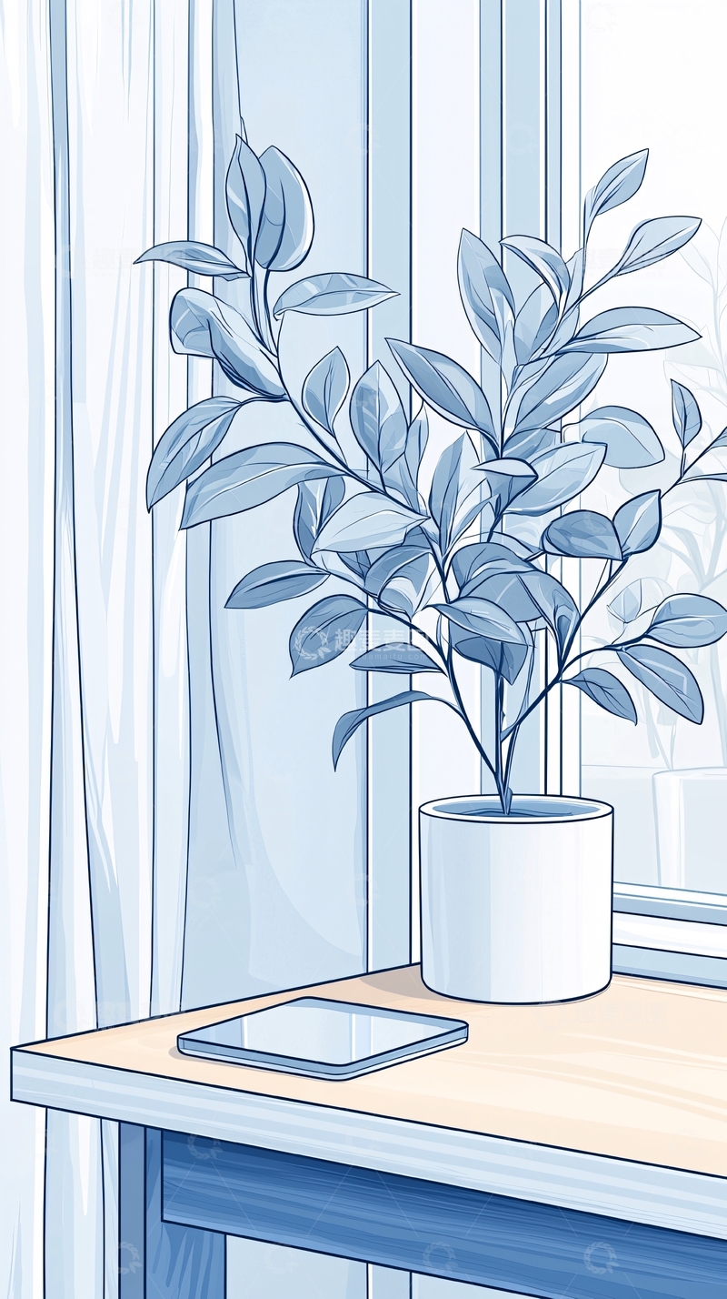 高清大图下载【趣麦麦图】窗边绿植与平板电脑