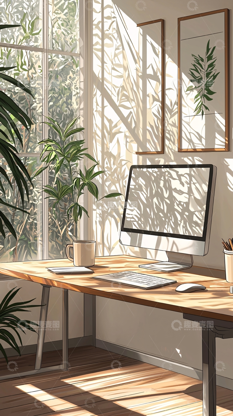 高清大图下载【趣麦麦图】阳光透过树叶的室内办公桌场景