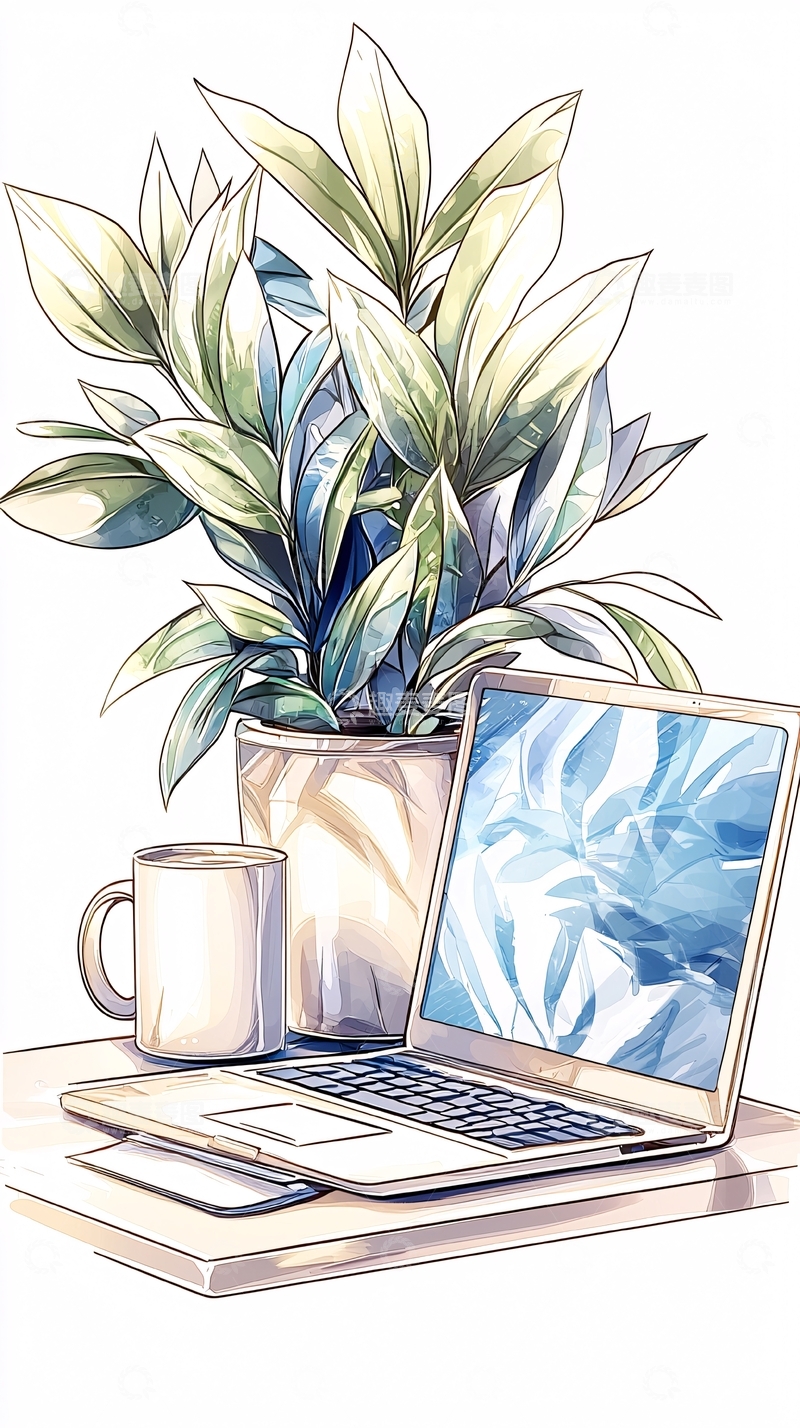 高清大图下载【趣麦麦图】办公桌上的绿植与笔记本电脑