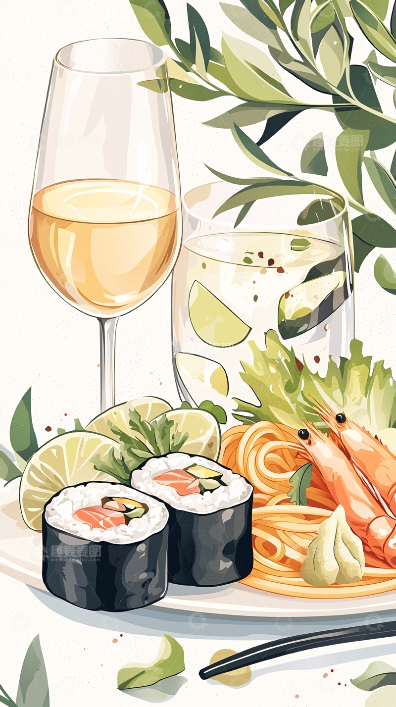 高清大图下载【趣麦麦图】寿司与海鲜搭配的美食插画