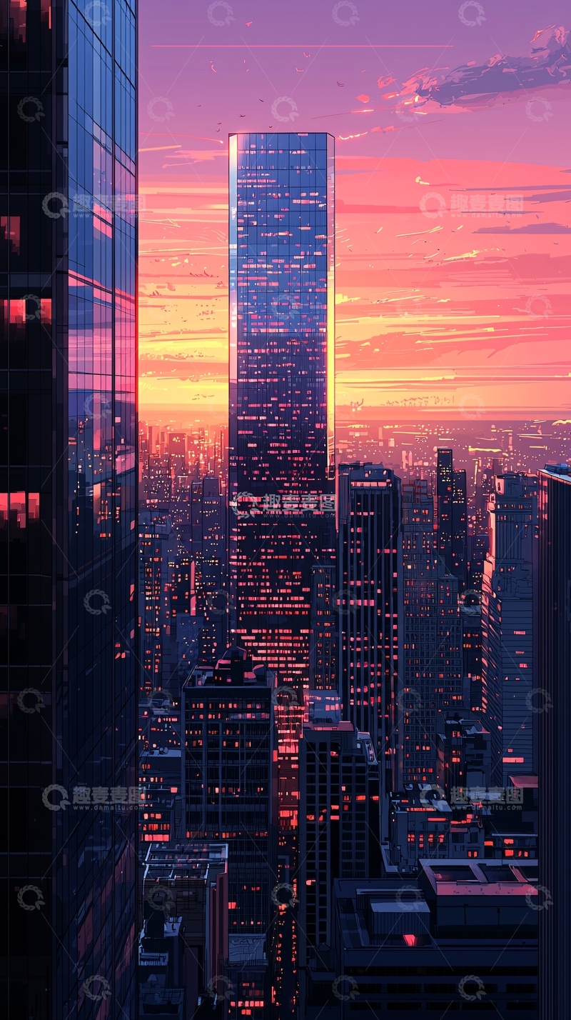 高清大图下载【趣麦麦图】未来城市日落高楼建筑