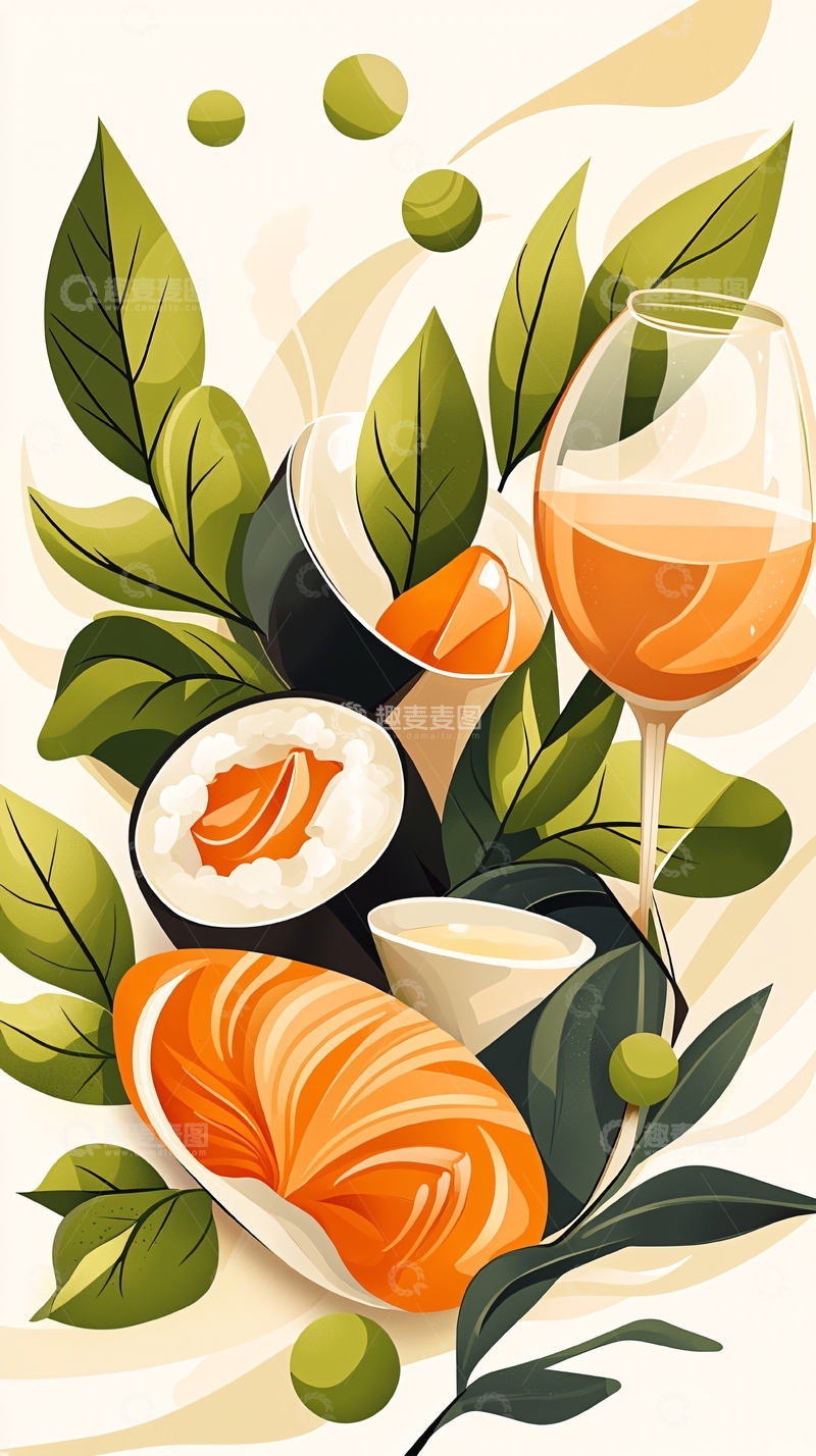 高清大图下载【趣麦麦图】寿司与葡萄酒的艺术插画